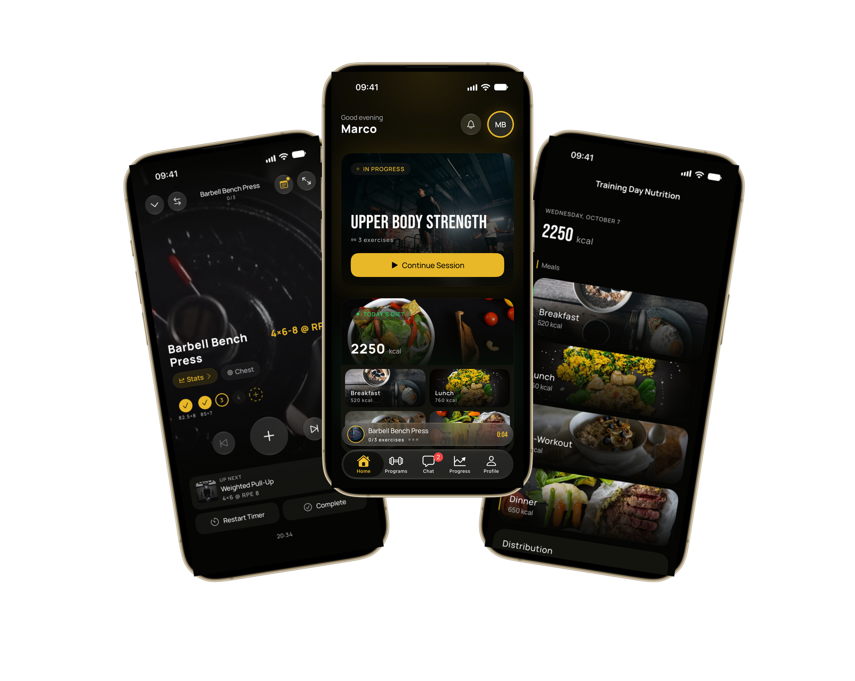 GymTree progress screens on three iPhones
