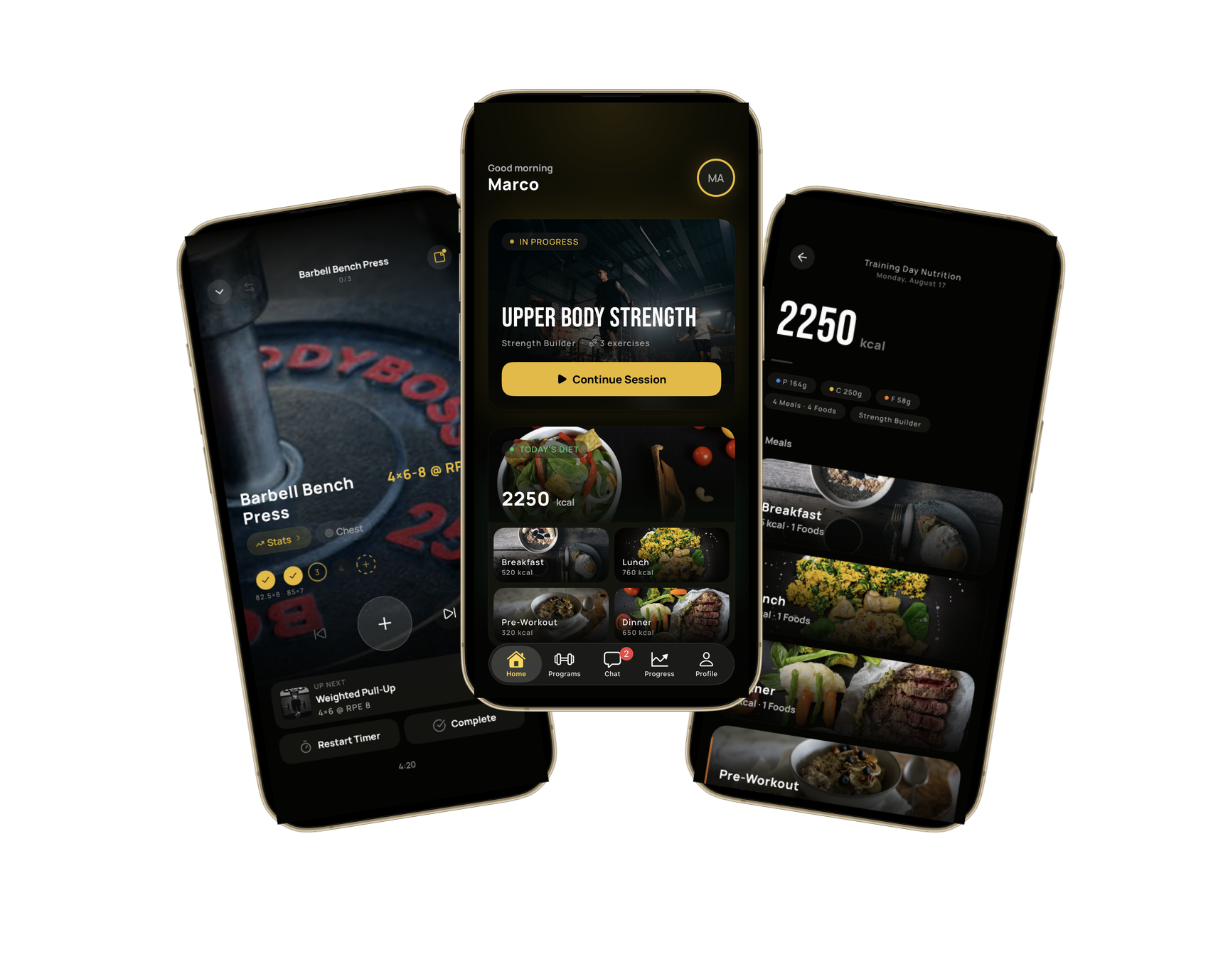 GymTree progress screens on three iPhones