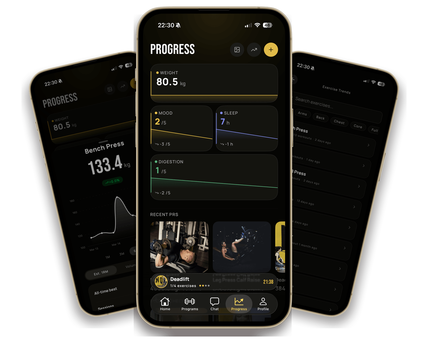 GymTree progress screens on three iPhones