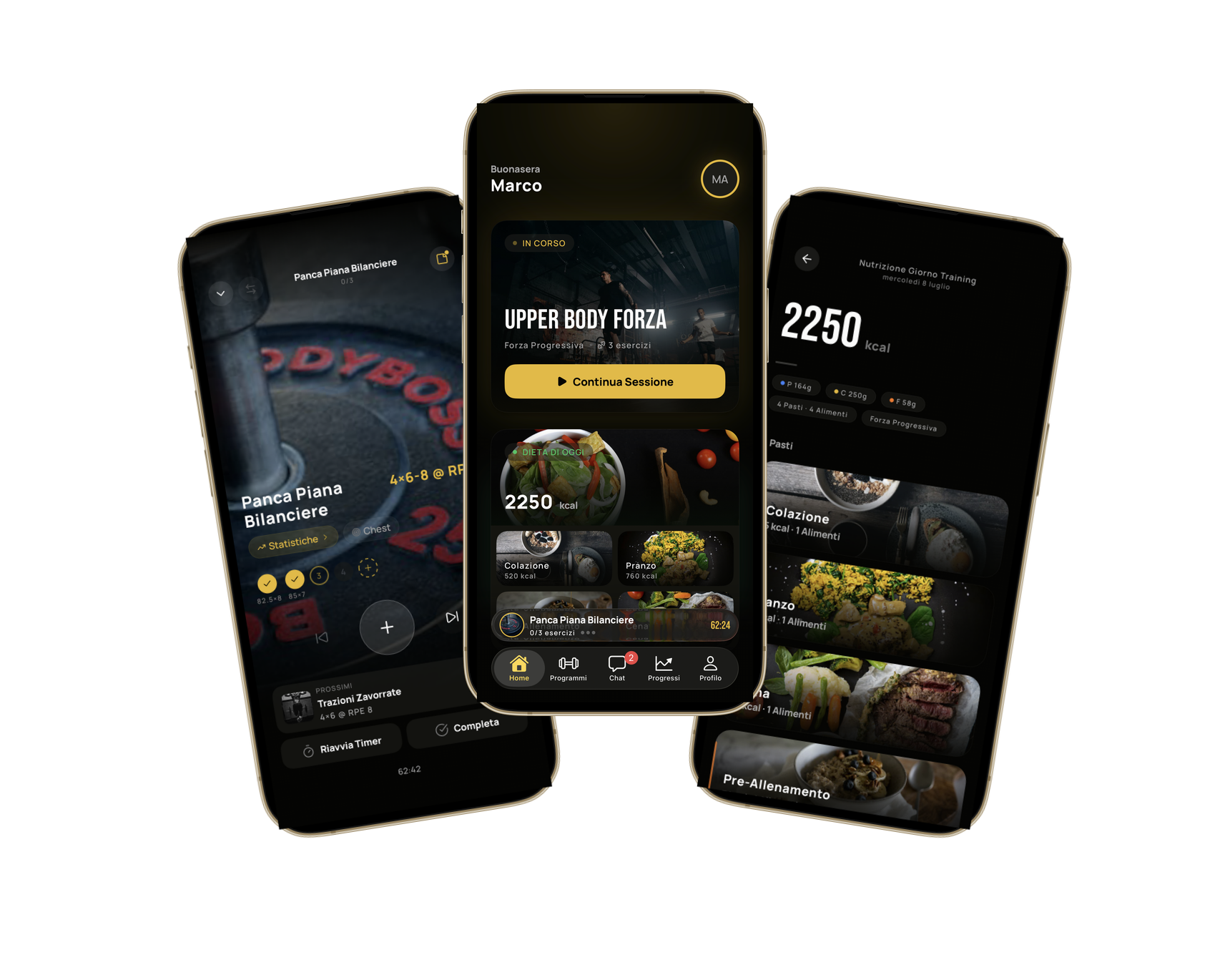GymTree progress screens on three iPhones